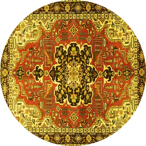 Ahgly Company Machine Washable Indoor Round Medallion Yellow Traditional Area Rugs, 3' Round