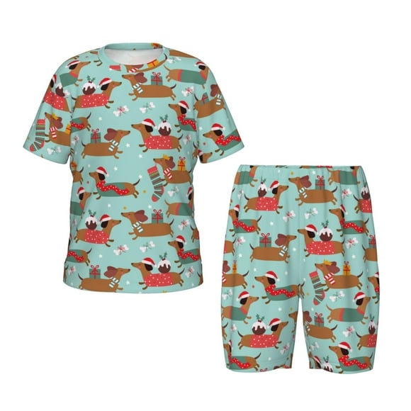KLL Dachshund Christmas Play Print Kids' Short-Sleeved Pajama Set,Soft Pajama Sleepwear Sets Pjs Outfits for Boys and Girls-Small