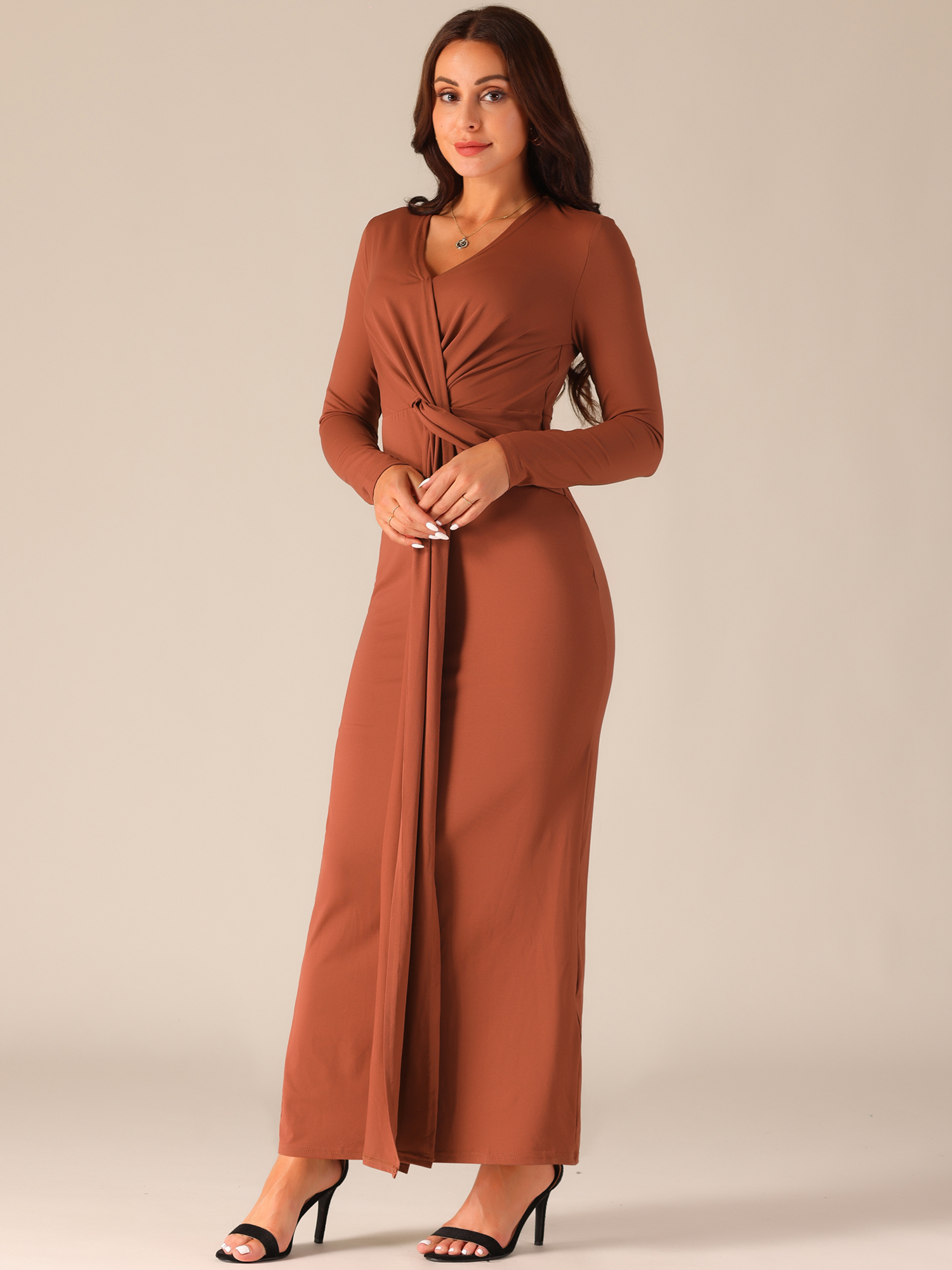DARING DIVA Long Sleeve V Neck Wrap Split Hem Bodycon Cocktail Dress M Brick Red