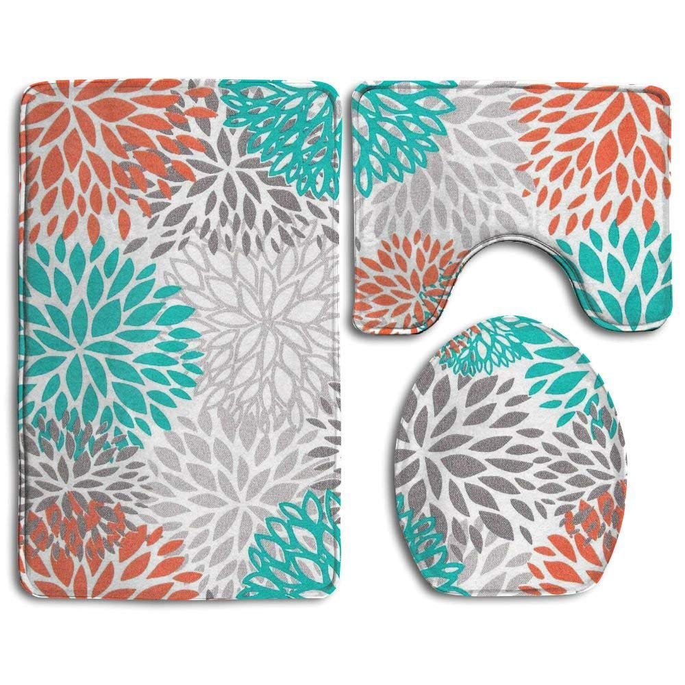 GOHAO Coral and Gray 3 Piece Bathroom Rugs Set Bath Rug Contour Mat and
