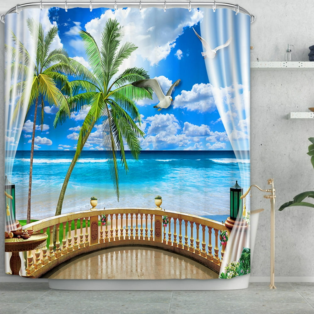 3D Palms Ocean Tropical Island Beach Shower Curtain, Fabric Cloth ...