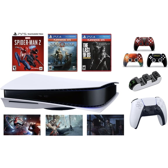 2023 PlayStation PS 5 Gaming Holiday Bundle:PS5_Disc Console with Marvels Spider-Man 2, God of War & The Last of Us Remastered +Wireless Controller+ Charging Dock + 3pcs Controller Skins