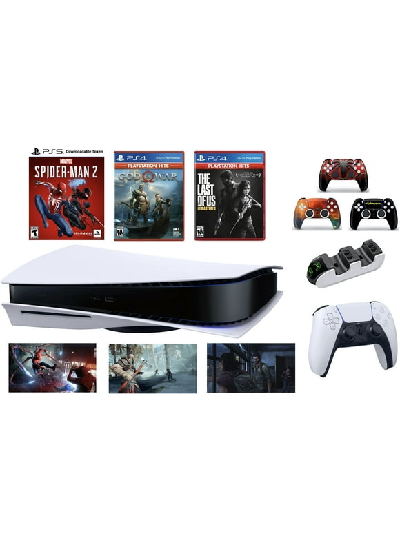 2023 PlayStation PS 5 Gaming Holiday Bundle:PS5_Disc Console with Marvels Spider-Man 2, God of War & The Last of Us Remastered +Wireless Controller+ Charging Dock + 3pcs Controller Skins