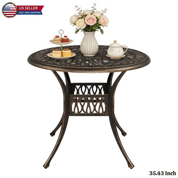 Hassch Patio Bistro Table - 35.43" Round Cast Aluminum Outdoor Dining Table with Umbrella Hole, Easy Clean & Assemble - Bronze