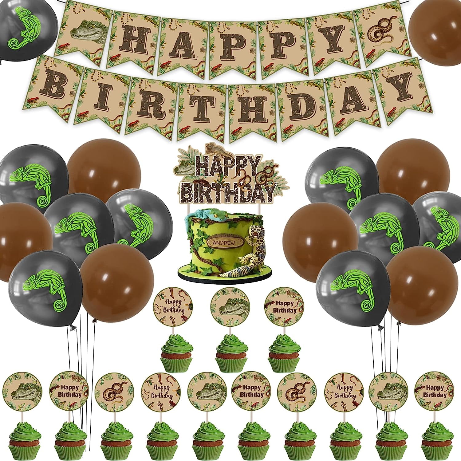 40Pcs Crocodile Theme Birthday Party Supplies and Decorations Alligator  Happy Birthday Banner,Latex Balloon, Cupcake Toppers, Set animal Birthday