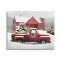 Tree Farm Red Truck Wintery Snow Flurries Transportation Painting Gallery-Wrapped Canvas Print Wall Art