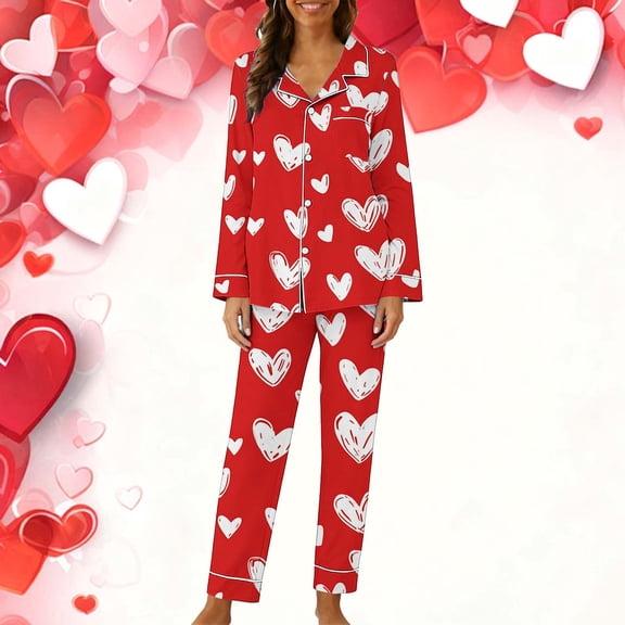 Womens Valentine's Day Red Heart Pajama Set Long Sleeve Button Down Soft Pajamas Christmas Holiday Sleepwear,Size S