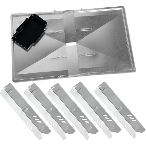 Adjustable Grease Tray (27"-30") and 5 Pack 15 inch Heat Plates for Dyna Glo DGF510SBP, DGB515SDP-D, Dyna Glo Grease Pan Replacement, Backyard Grill Replacement Parts 5 Burner, Heat Tent Shields