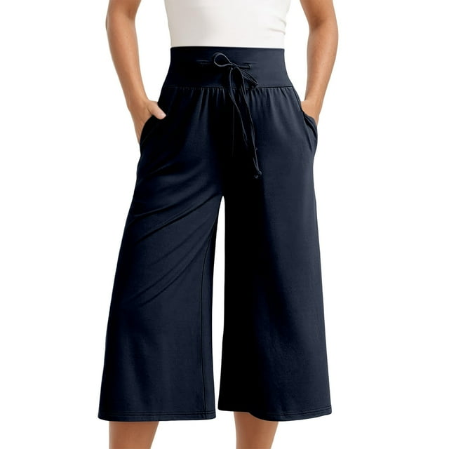 Women's Summer Casual Cropped Drawstring Pants High Waisted Wide Leg Comfortable Everyday Wear Lightweight Versatile Styling Options with Pockets