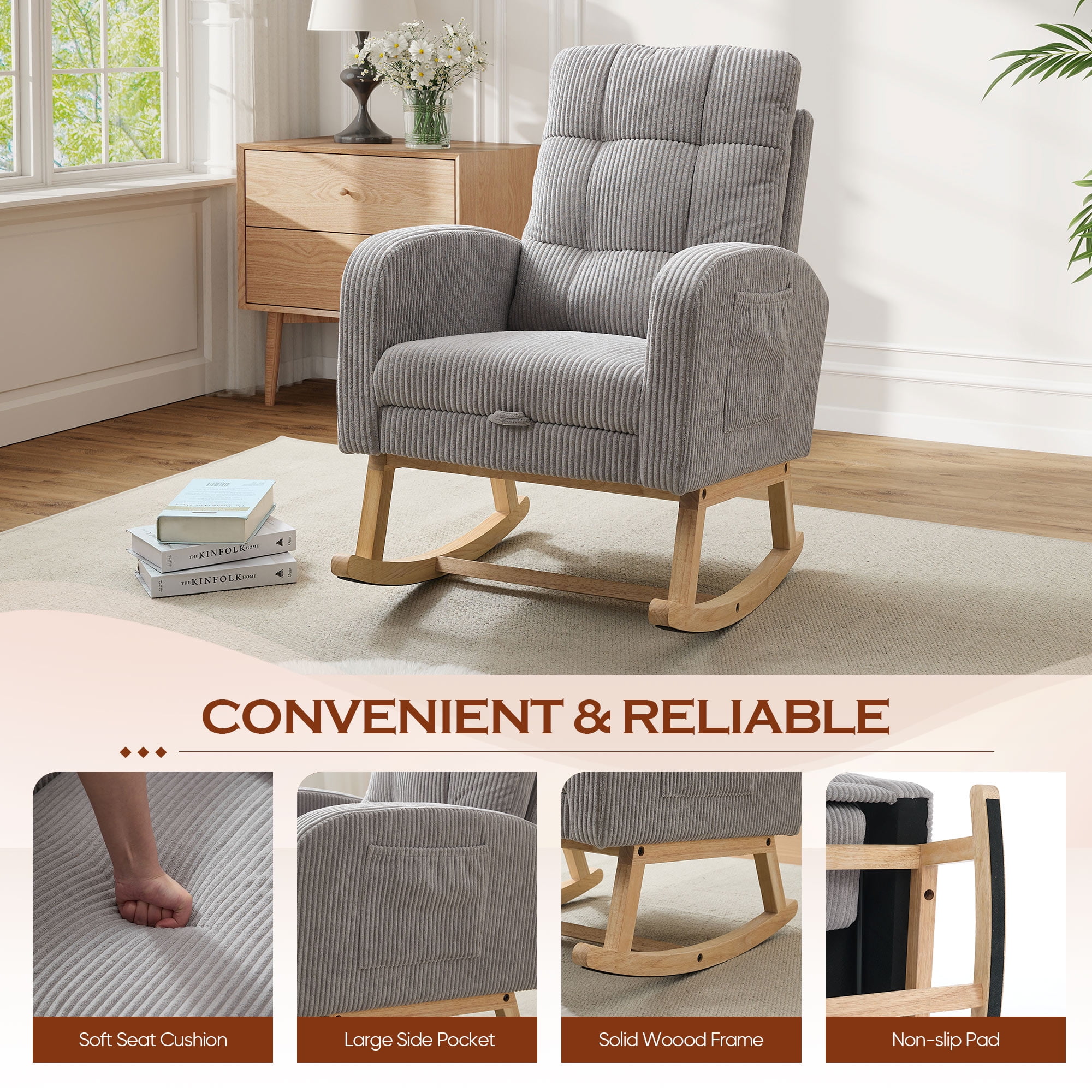 FFH Rocking Chair with Footrest, Rocking Chair for Nursey, Corduroy Armchair with High Backrest and Side Pockets, Accent Chair for Living Room, Bedroom, Gray