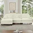 thumbnail image 4 of Newest 3 Seater Modular L Shaped Sectional Couch, Flared Arms, Removable Ruffles Pleats Skirts, Spindle Legs,Comfy Chenille 3-Seat Deep Seat Sofa, Movable Ottoman,Beige White, 4 of 20