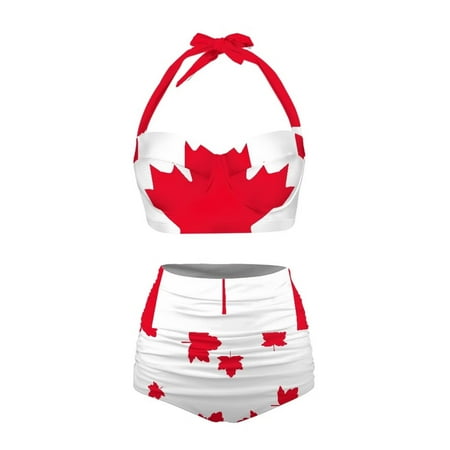 HUIACONG Women High Waisted Swimsuit Two Piece Canadian Flag Print Tummy Control Bathing Suit Sexy Halter Bikini Set-2XL