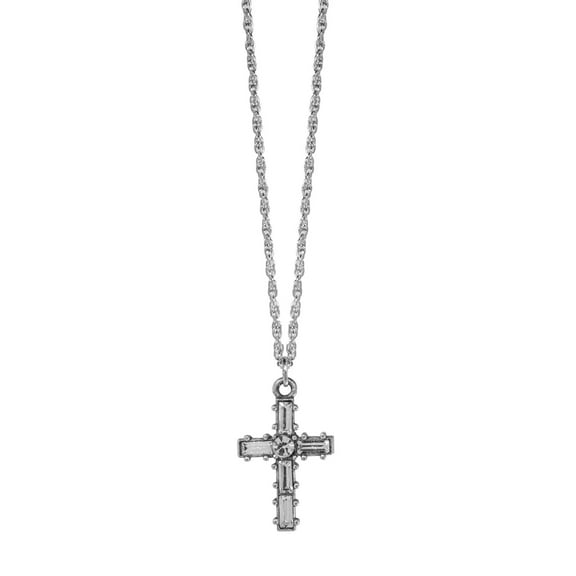 Symbols Of Faith Pewter Crystal Small Cross Pendant Necklace 16   3 Extender