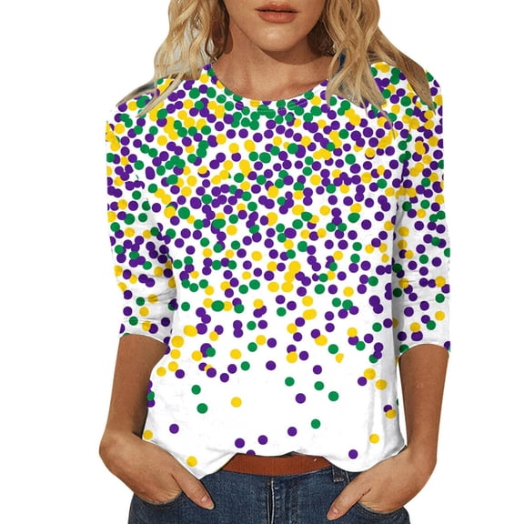 Outfmvch 3/4 Sleeve Blouses for Women's Mardi Gras Holiday Shirts Sparkly Tops for Women Ladies Tops and Blouses 3/4 Sleeve Mardi Gras Shirts for Women Smocked Tops Women Hot Pink L