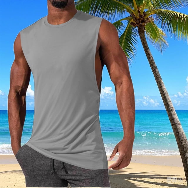 pstuiky Hombres Tanque, Camiseta deportiva de color liso de alta elasticidad para hombre, cuello redondo, sin mangas, para fitness y musculación. Chaleco para hombre xl