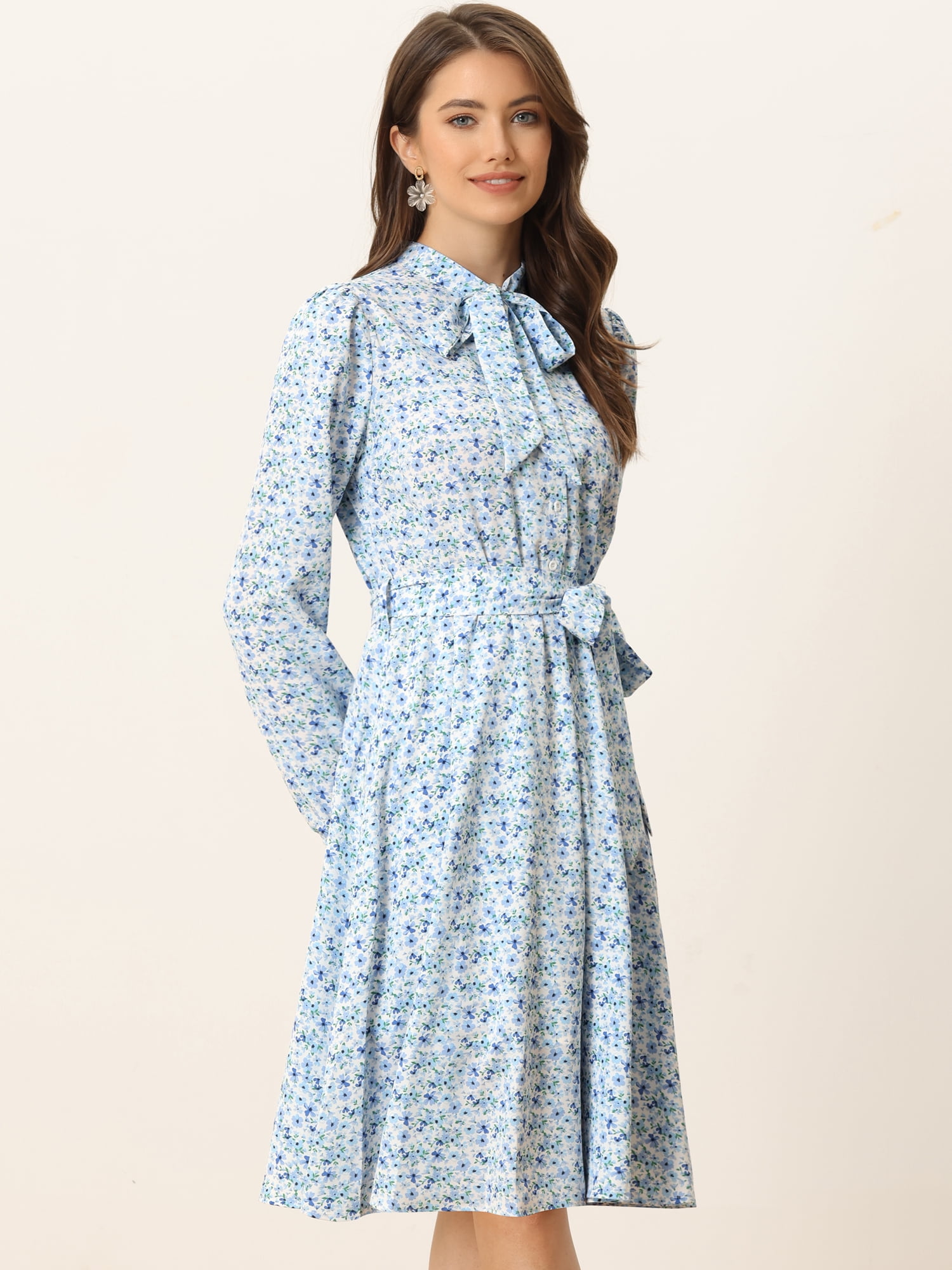 DARING DIVA Tie Neck Chiffon Belted Vintage Floral Midi Dress S Light Blue