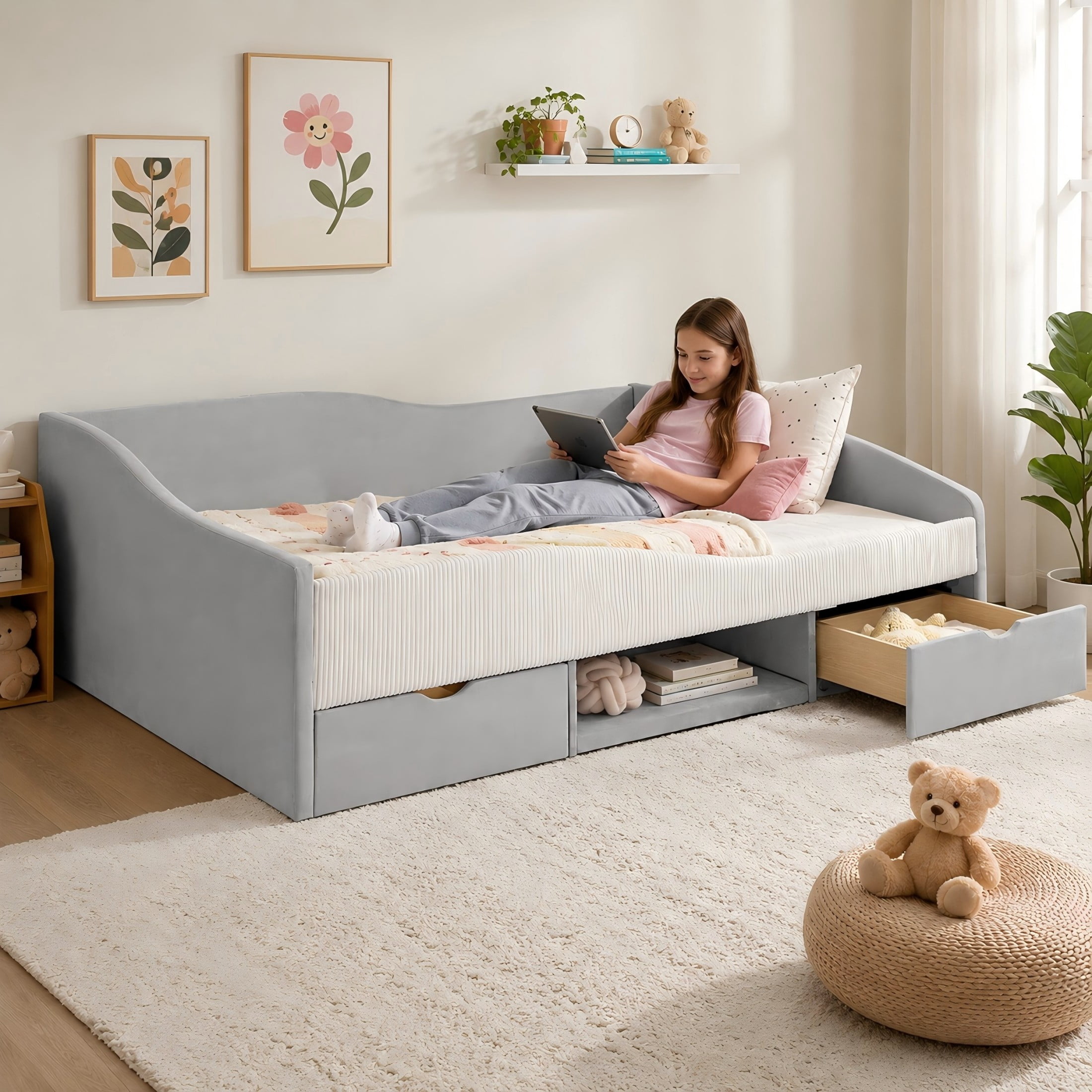 Aukfa Full Size Upholstered Daybed with 2 Storage Drawers, Shelf and Curved Guardrails, Velvet Bed Frame, Gray