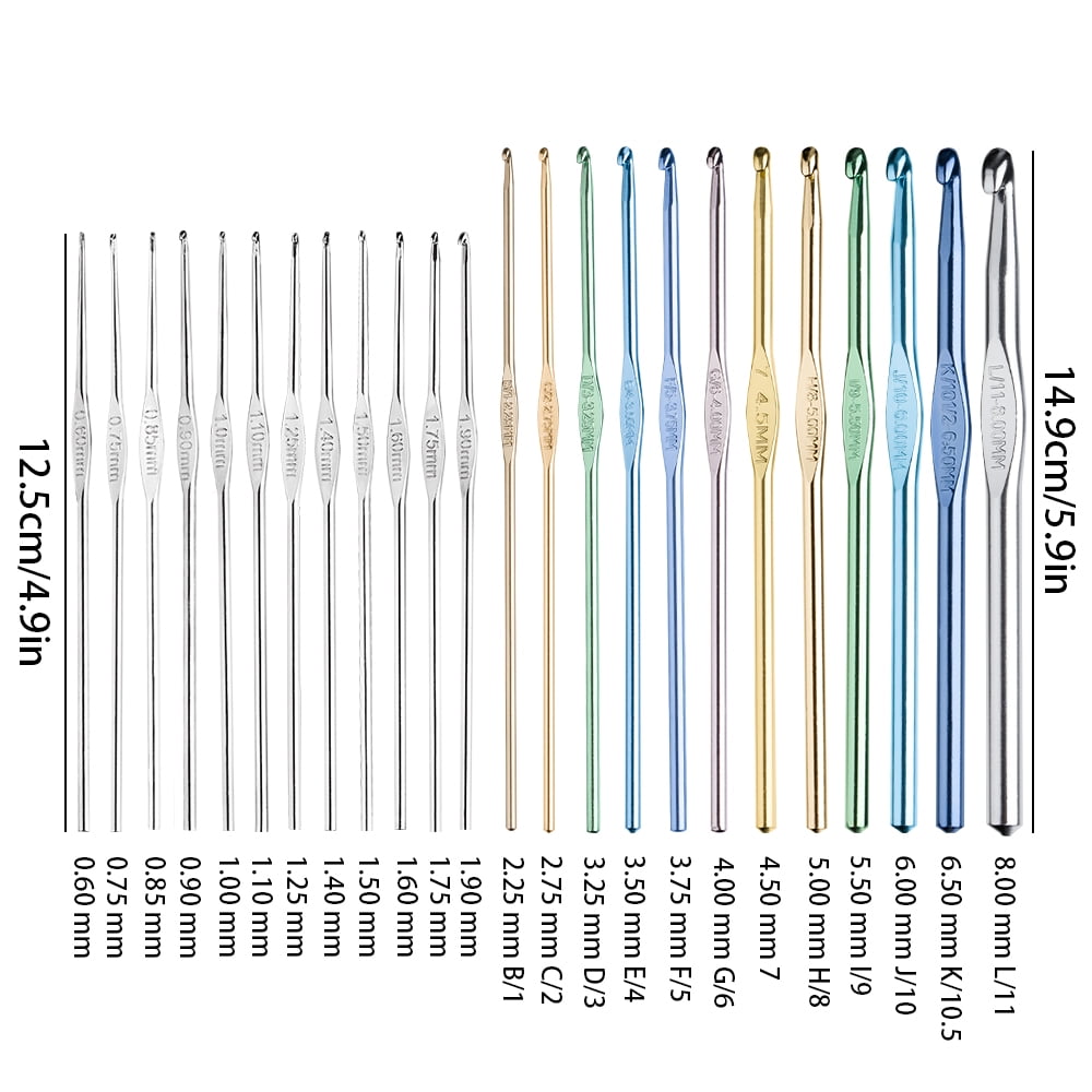 Multi-Color Metallic Crochet Hooks Set, Tomorotec Art Aluminum Knitting Needles for Yarn Craft Set with Sylish Storage Bag, Stitch Markers and Big Eye Needles (Orange Bag)