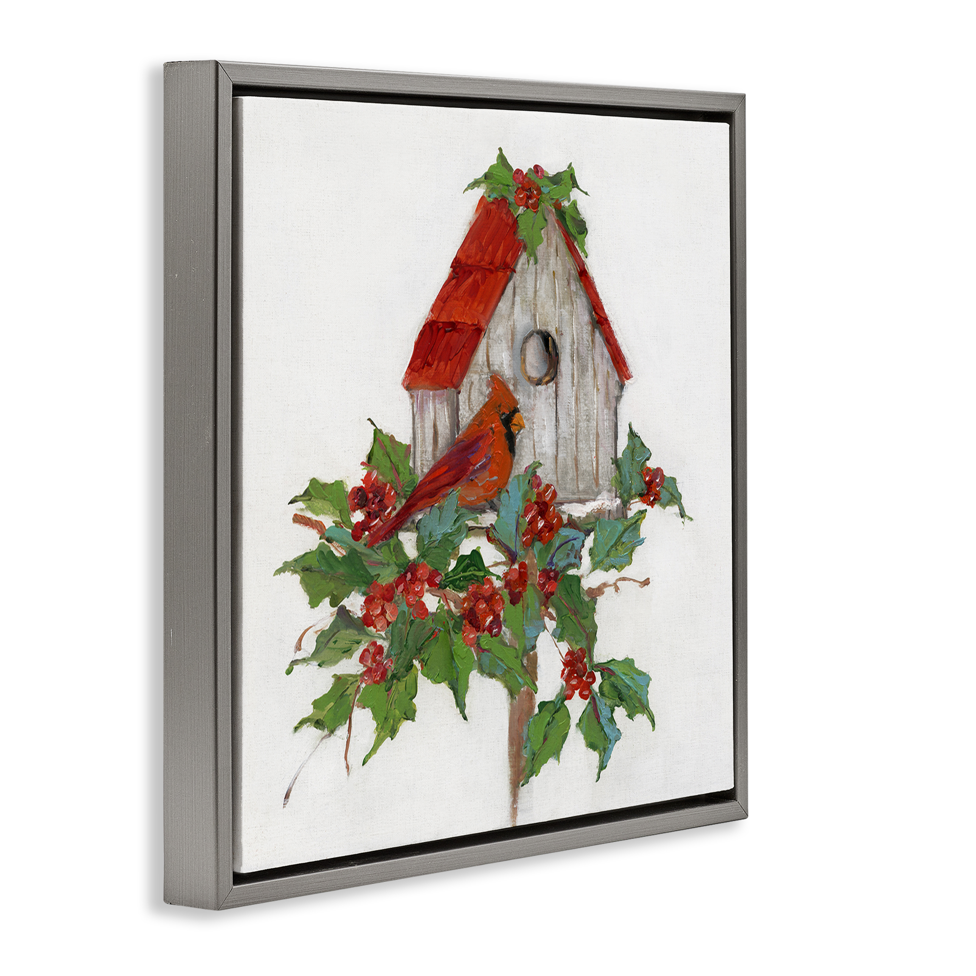 Stupell Industries Winter Plants & Birdhouse Holiday Painting Gray Floater Framed Canvas Art Prints Wall Art, 18 x 18