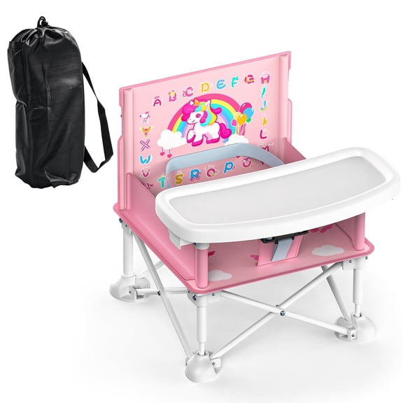 WonderStone Portable Toddler Travel Seat, Foldable Booster Chair with Dining Tray & Storage Bag, Indoor & Outdoor Beach Chair for Boys and Girls, Pink