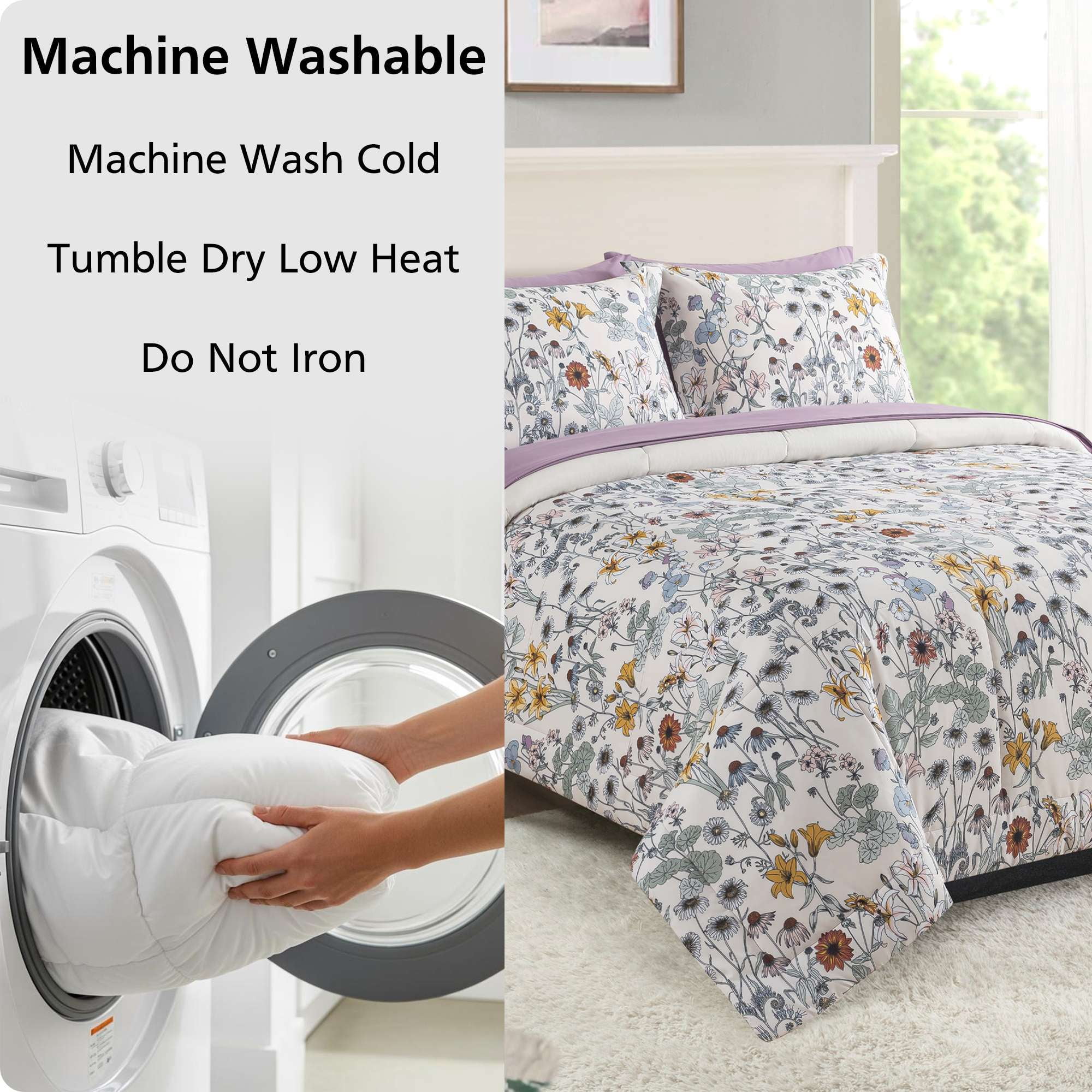 Mainstays All in One Reversible Comforter and Sheet Set, 7-Piece, Full, White Multi Floral