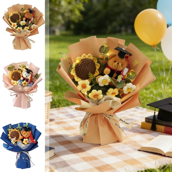 Graduation Bear Flower Bouquet Gift Set 2026 – Hand Woven Sunflower Bouquet with Plush Bear, Greeting Card and Gift Bag for Graduation Celebration