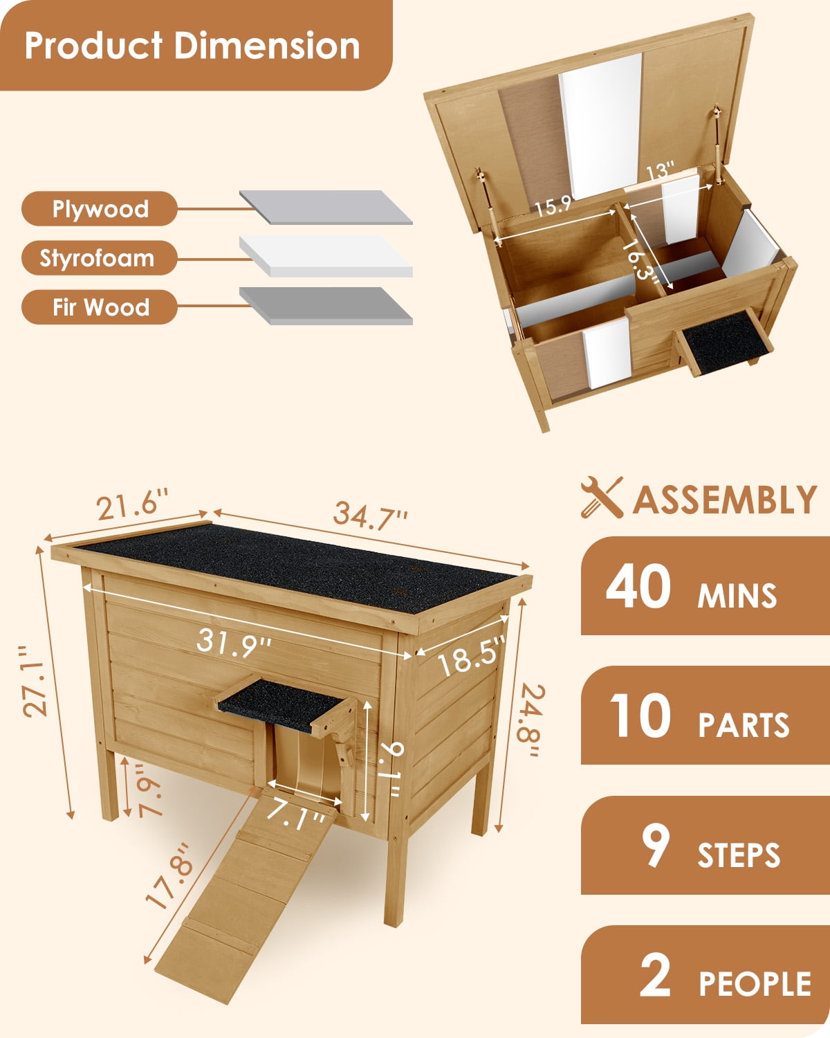 FURRYFECTION Outdoor-Cat-House, Large Wooden Weatherproof Pet House for Multiple Cats with fold-up Stair & Visible Side Window