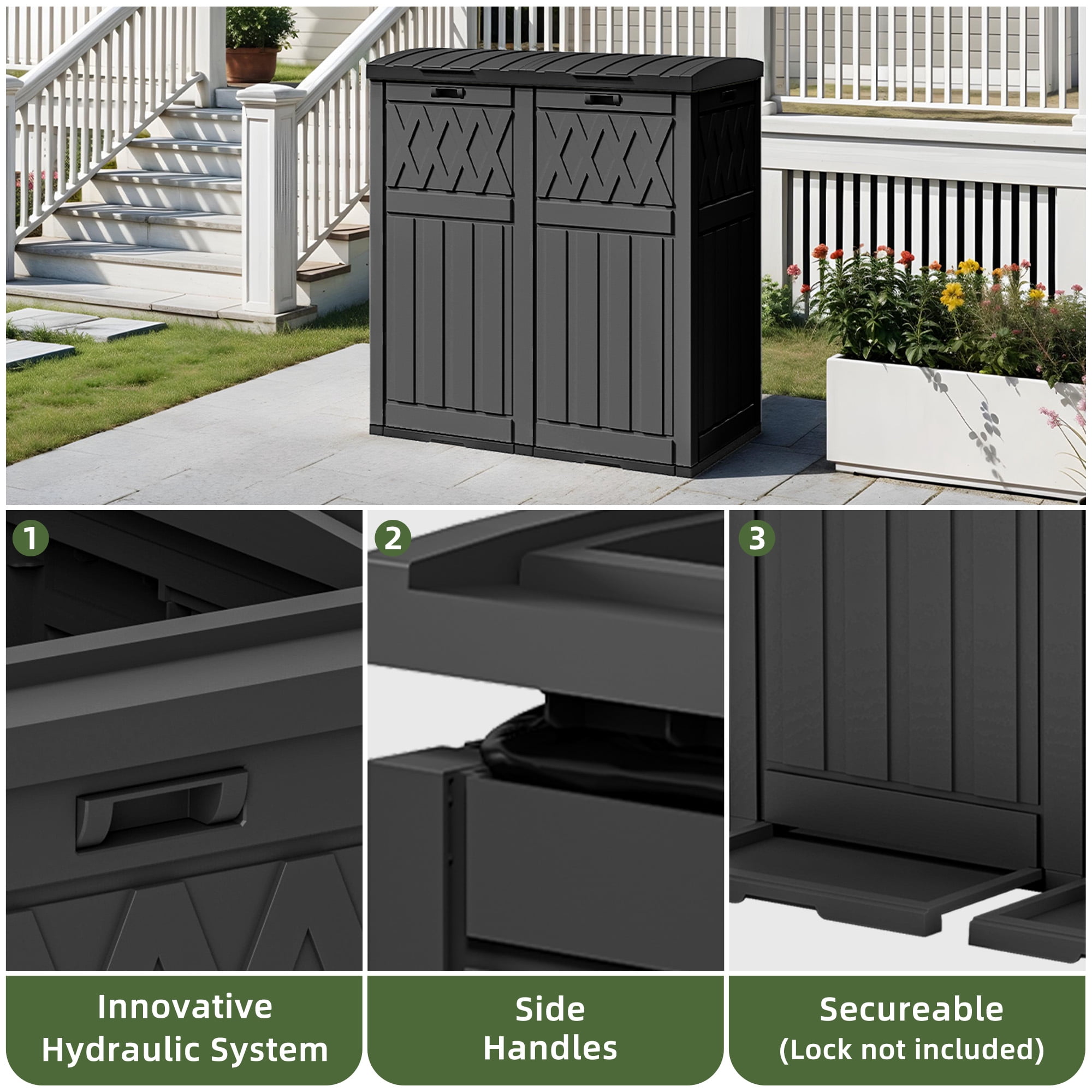 Uforic 66 Gallon Double Compartment Outdoor Trash Can, Waterproof Resin with Lid & Drip Tray, Black
