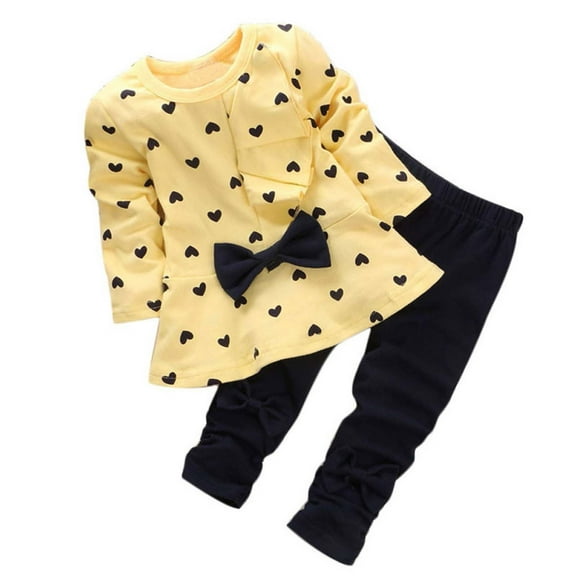 Fesfesfes Toddler Kids Baby Girls Heart-shaped Print Bow Kids T shirt Pants Clothes Set