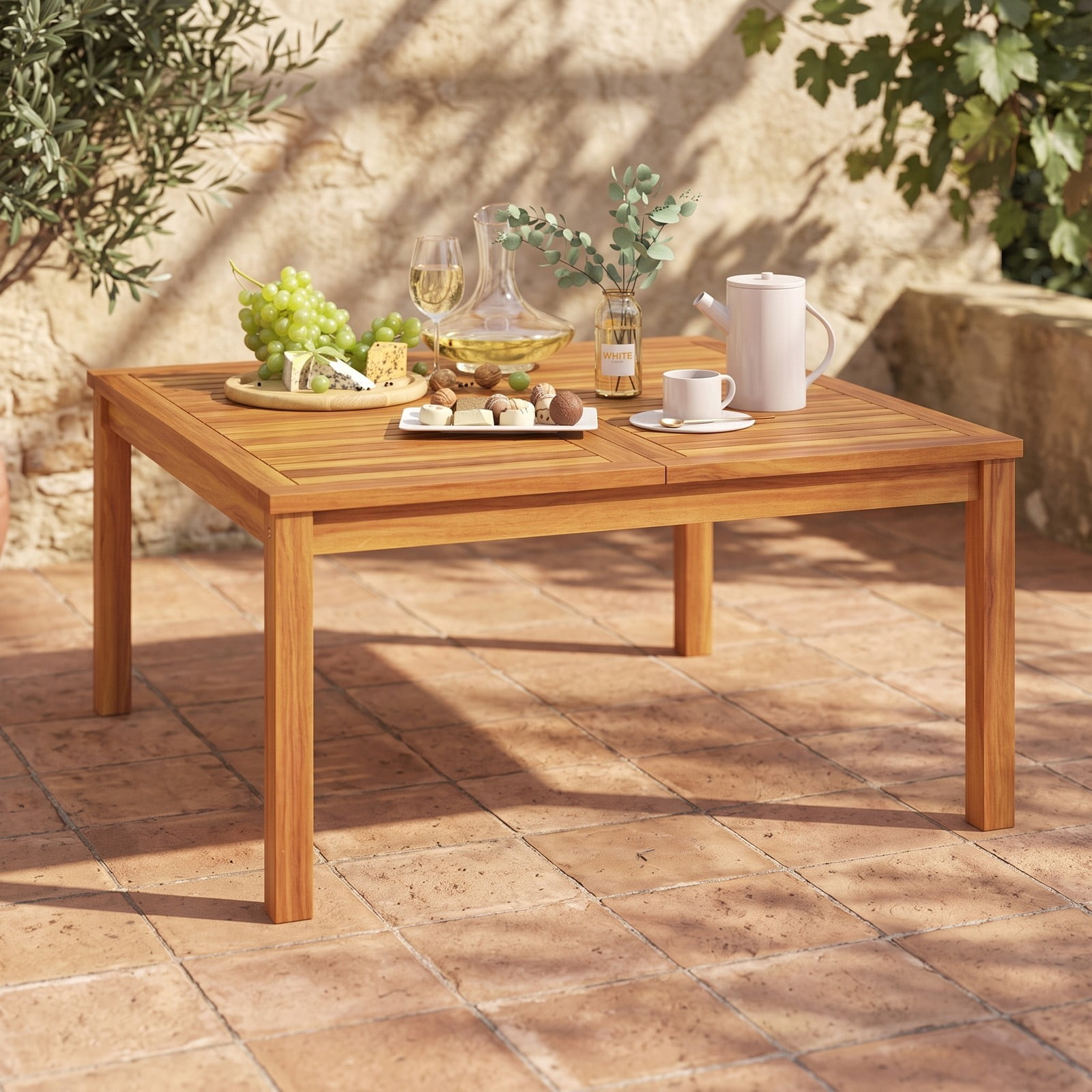 Furnibear 35.5 Inch Square Acacia Wood Patio Coffee Table with Slatted Draining Top for Backyard Poolside and Balcony, Natural