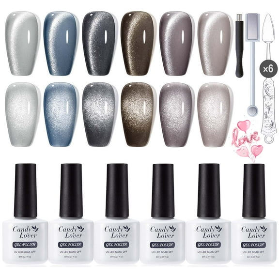 Candy Lover Cat Eye Gel Nail Polish Kit, 6 Dark Grey Brown Holographic Glitter Gel Polish with 2 Magnets, Soak Off UV LED Nail Polish, Manicure Gift Set for Women