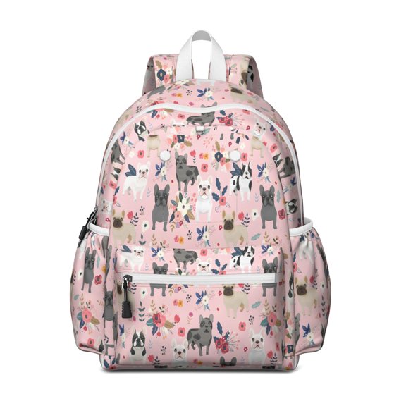 French Bulldog Dog Pattern with Flowers Backpack for School,Cute School Bag,Schoolbag with Adjustable Shoulder Straps & Padded Back,13.4"x11"x4.7"