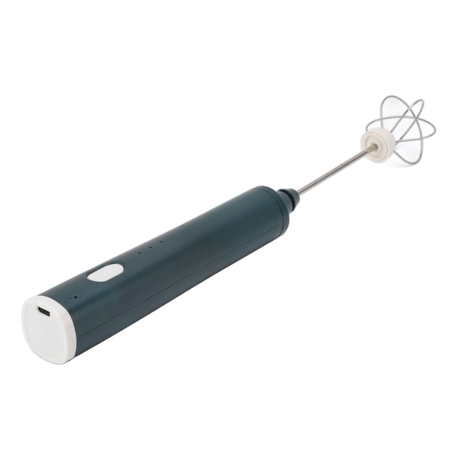 HandHeld Milk Frother 3 Modes Electric Stirrer, a portable mini mixer with a sleek dark green ABS and stainless steel body. Features a built-in 1200mAh lithium battery and a USB charging port. Includes two detachable egg beaters and offers three adjustable mixing modes for frothing milk, whisking eggs, or blending sauces. Ideal for lattes, cappuccinos, and hot chocolate.
