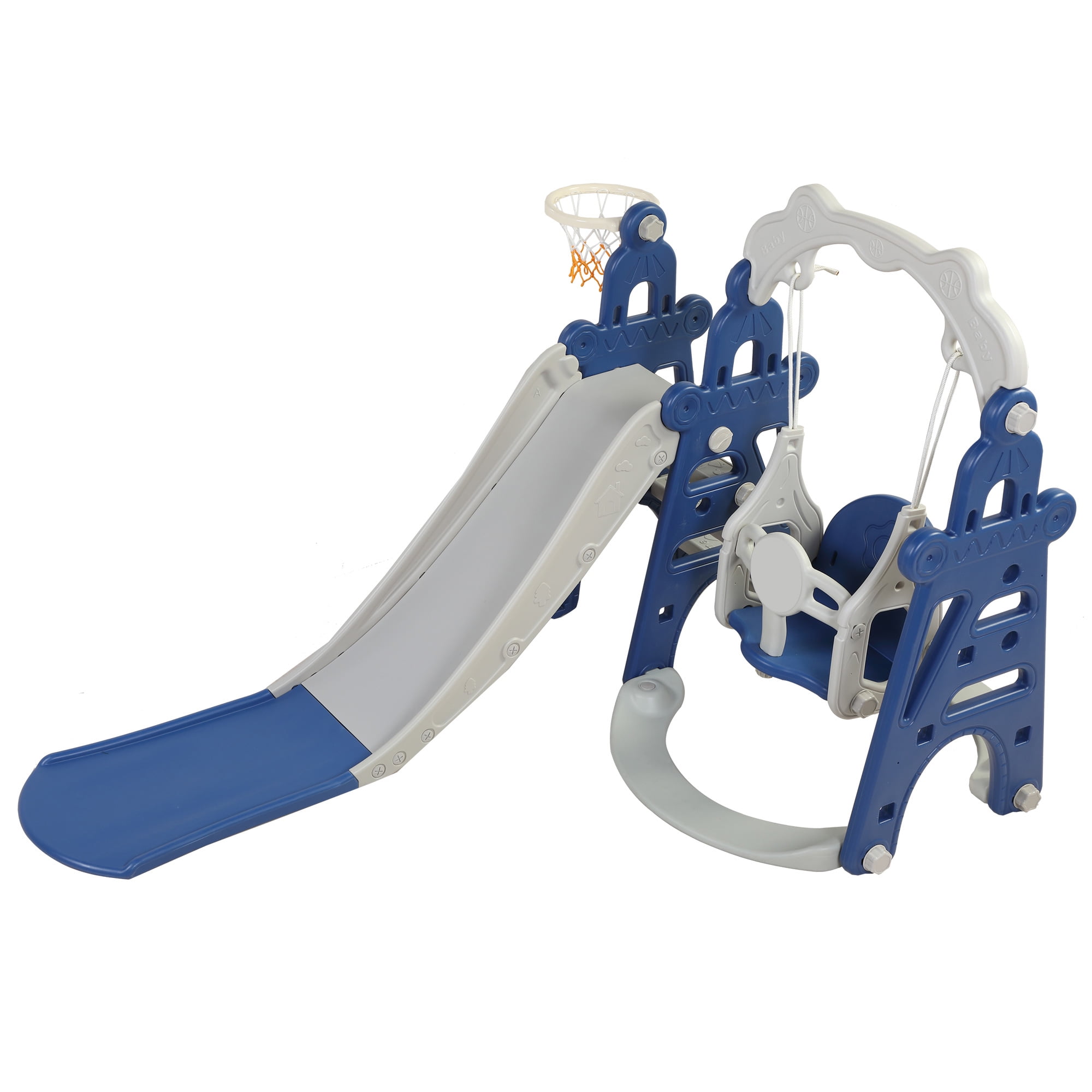 Lowestbest Three in One Slide, Swing, Basketball Hoop with Net-Blue and Gray. Lowestbest Three in One Slide, Swing, Basketball Hoop with Net-Blue and Gray.