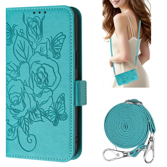 Wallet Case for iPhone 17, Rose Flower Embossed PU Leather Flip Cover with Wrist & Shoulder Strap, Kickstand RFID Blocking Magnetic Closure Card Slots Full Body Protection for Women, Blue