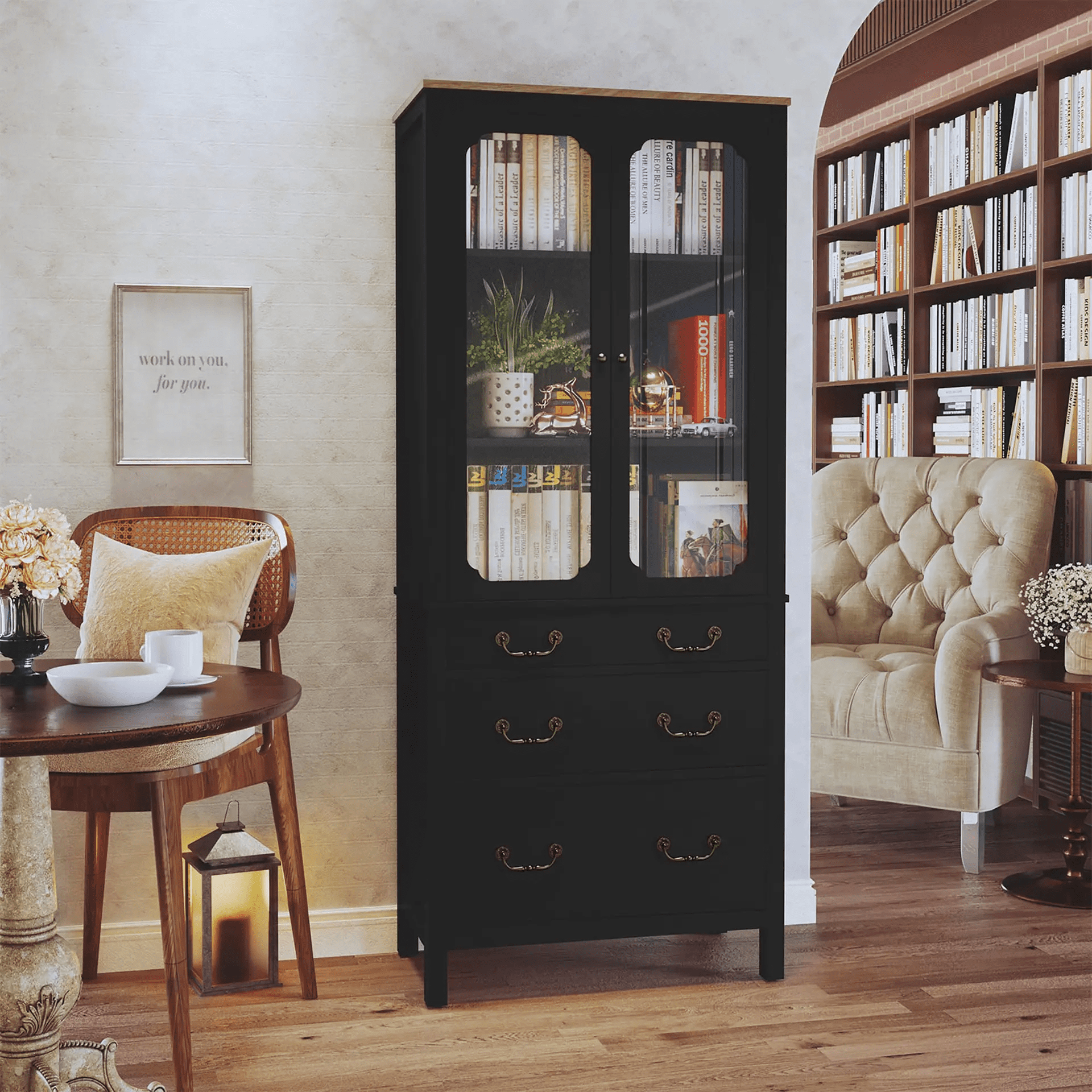 Kitchen Pantry Cabinet, Freestanding Tall Storage Cabinet, Utility Cupboard, Pantry Cabinet with Tempered Glass Doors and Adjustable Shelves for Kitchen, Living Room, Dining Room