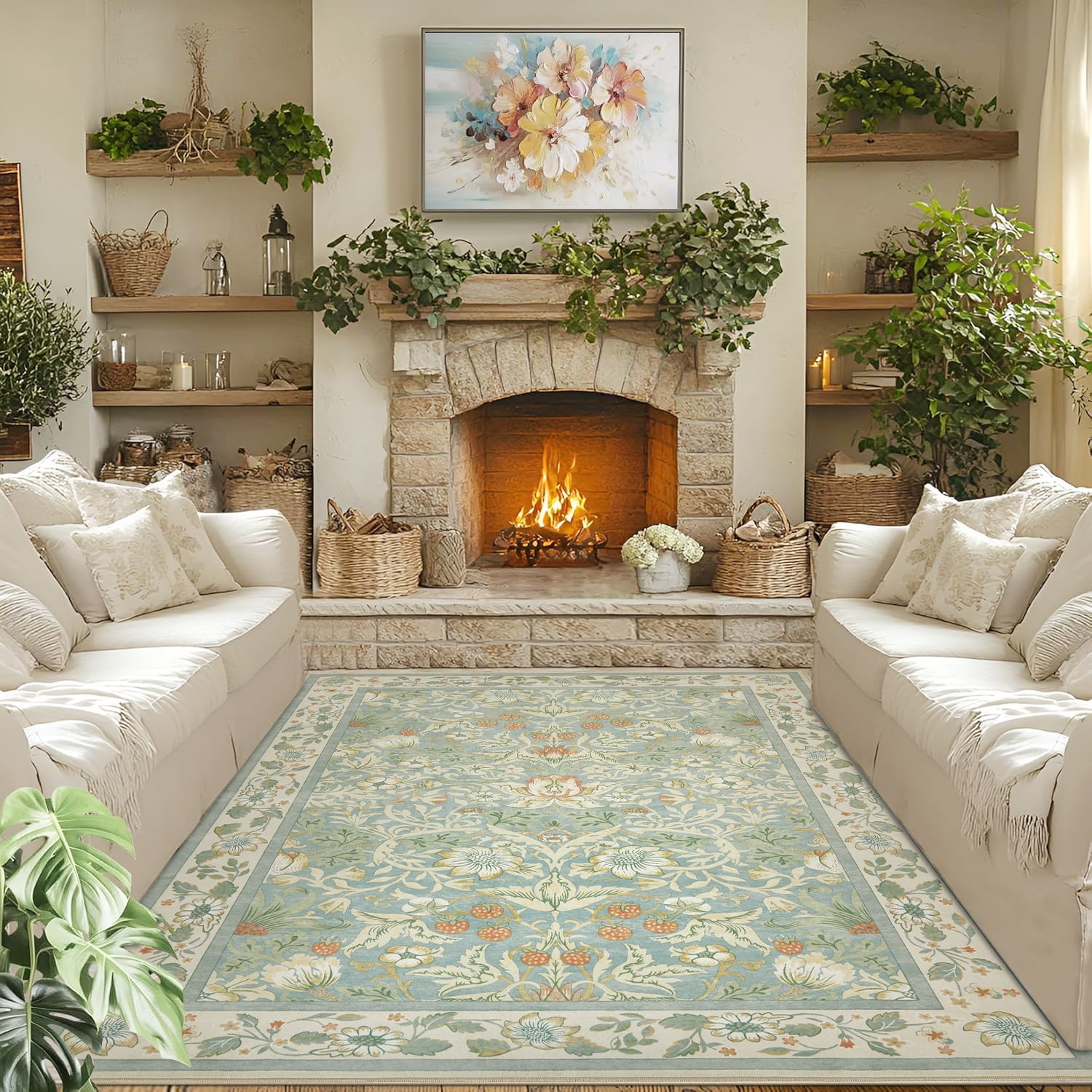 Toyoso 9x12 Area Rug Living Room Rugs - Washable Vintage Floral Soft Thin Large Rug Indoor Floor No Slip Rug Carpet for Bedroom Under Dining Table Home Office Decor - Blue Green
