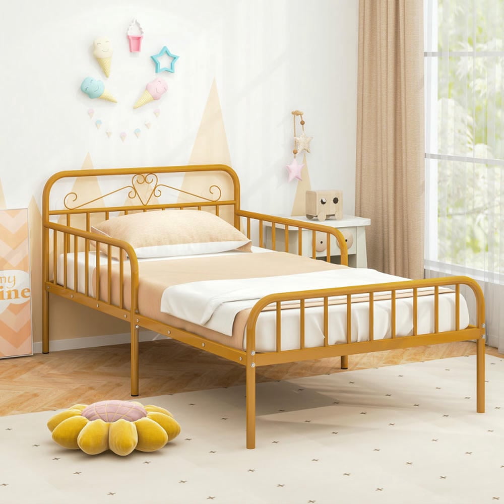 Barara King Bedroom Bed Frame, Bed Platform Frame,Twin Size Bed Frame with Headboard and Safety Side Guardrails-Gold