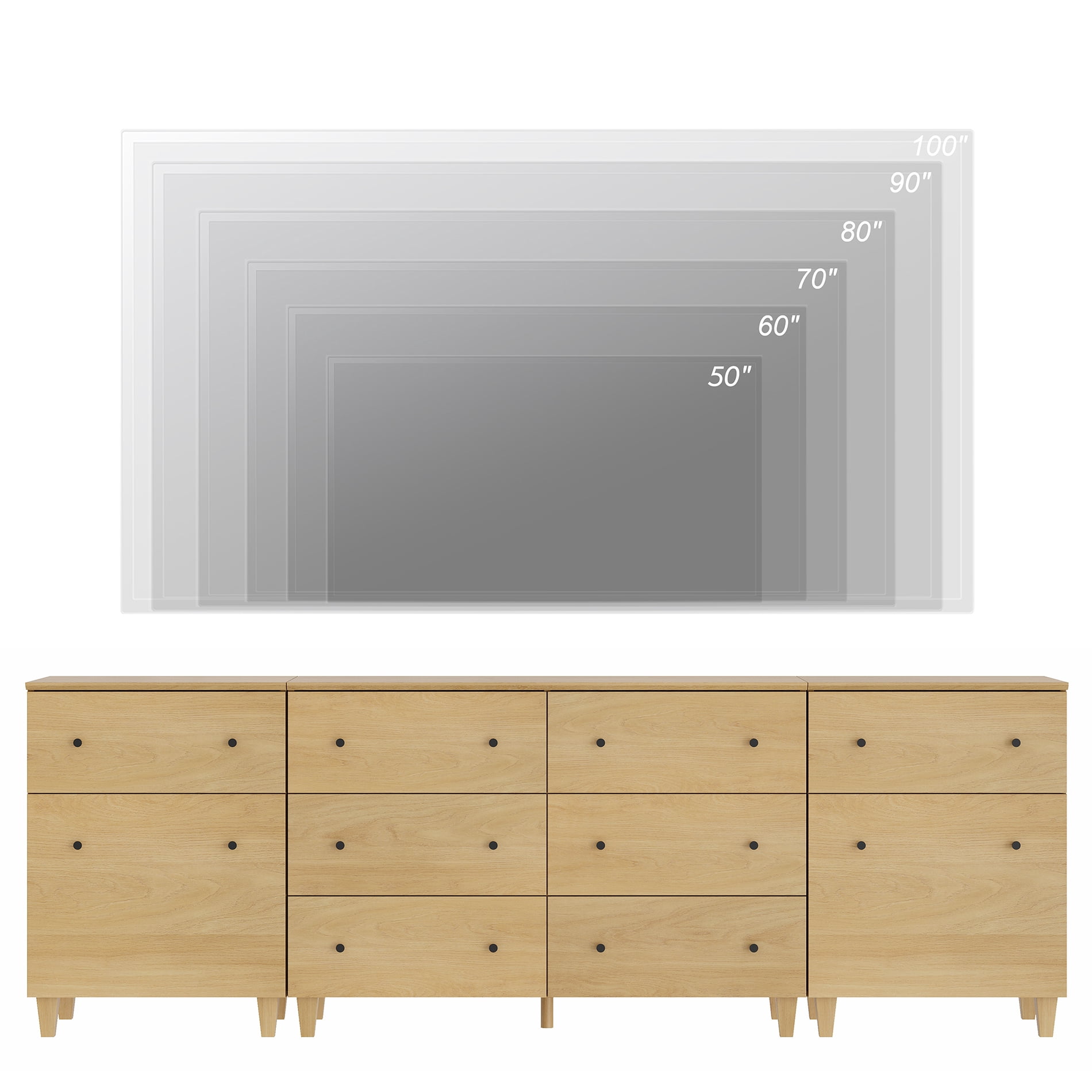 WAMPAT TV Stand for 100+ Inches TVs, 3-in-1 Modern Wooden Media Console with 8 Spacious Drawers and 2 Storage Cabinets for Living Room, Oak