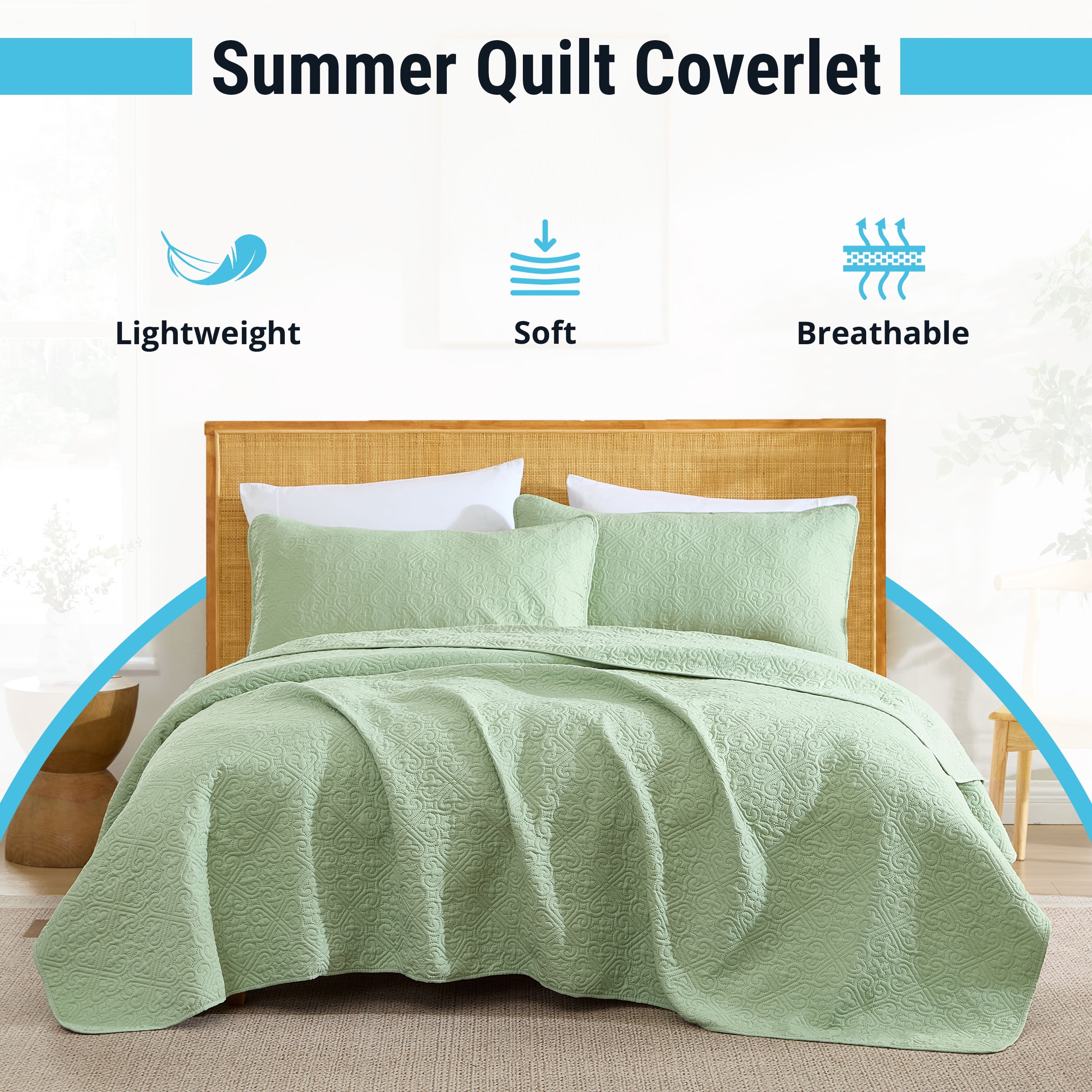 THD Loren - 3 Piece King Size Quilt Set, Lightweight King Bedspread Coverlet Set (King, Sage Green)