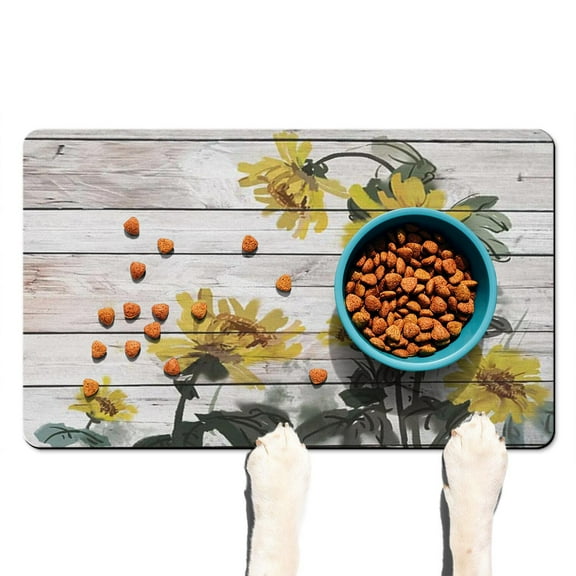 Watercolor Sunflower Artwork Pet Mat - Non-Slip Absorbent Dog Food Pad with Vintage Farmhouse Design