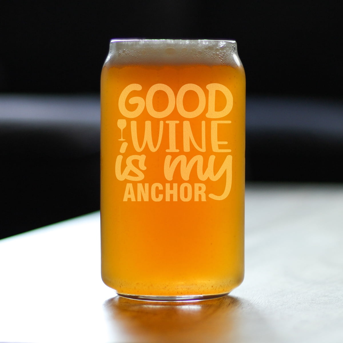 Good Wine Is My Anchor Hand Engraved 16oz Can-Shaped Pint Glass for Lovers Unique Etched Drinkware