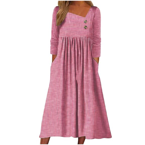 Zpanxa Dresses for Women, Asymmetrical V Neck Long Sleeve Striped Maxi for Summer Vacation