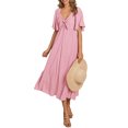 thumbnail image 2 of Yunliwuli Women Midi Dress Solid Color V-Neck Tie Knot Front Ruched Short Sleeve Dress Summer Casual Dress A-line Dress, 2 of 9