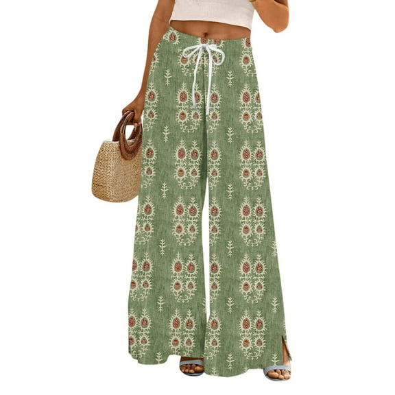 WTOBBY Women's Floral Print Wide Leg Pants with Deep Pockets, High Waist Drawstring Comfort Trousers for Casual and Outdoor Wear,Army Green L