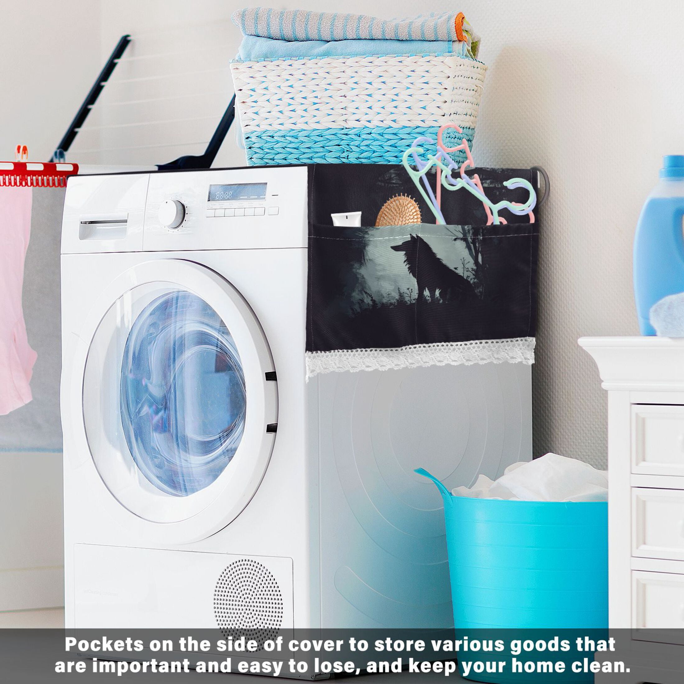 Dark WolfWasher and Dryer Covers Dust-Proof and Oil Resistant Fridge Cover with 4 Storage Pockets Washing Machine Top Cover for Laundry Kitchen Home 51.2 x 22 In