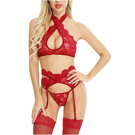

Womens Sexy Lingerie 3PC Set Lace Split Underwear with Garter Belt Teddy Bodysuit Girls Babydoll Chemises Sleepwear