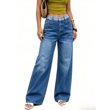 Women's Low Rise Baggy Wide Leg Jeans Vintage Washed Contrast Waistband Loose Fit for Casual Street