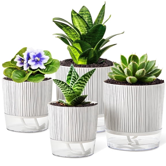 Samhe 4 Pack Self Watering Pots, 4 5.5 inch Planter Pots for Indoor Plants with Wick Rope and Reservoir