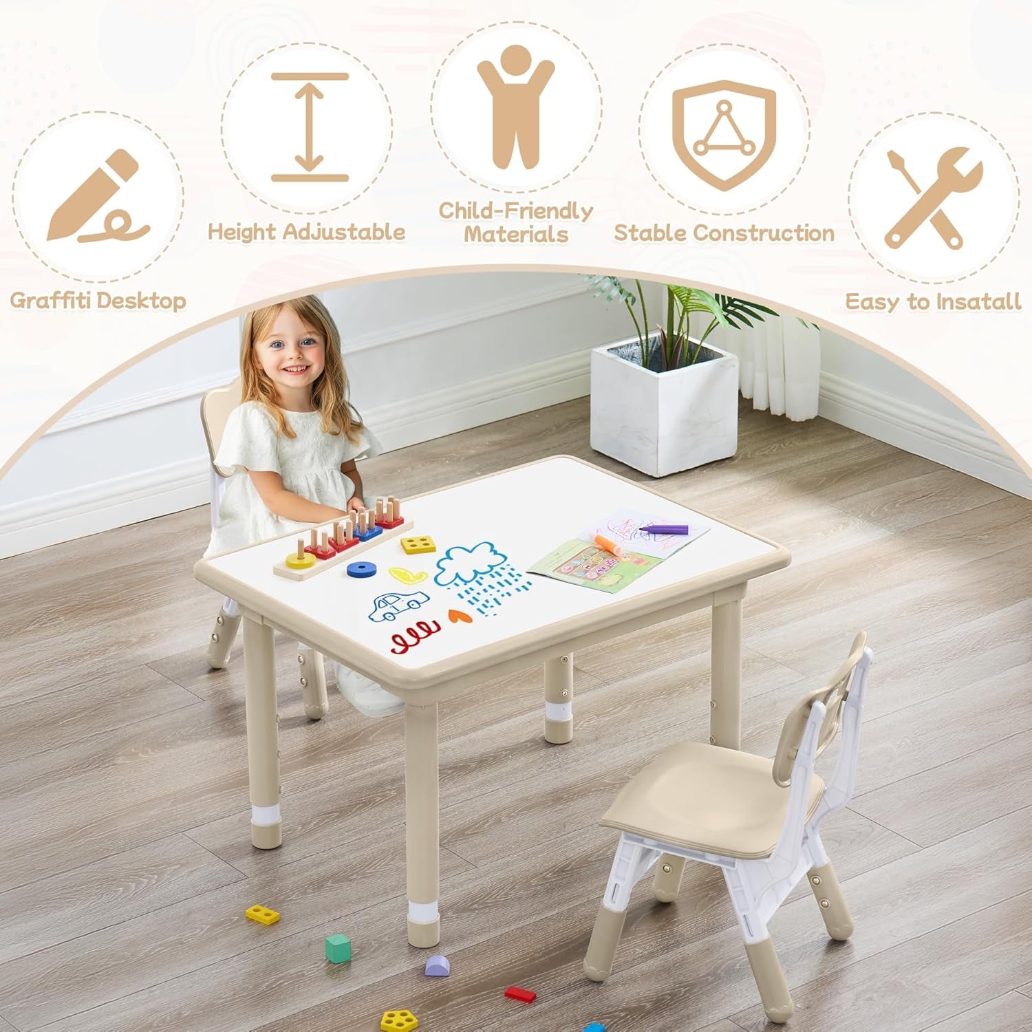 Toddler Table and Chair Set, Height Adjustable-Upgrade Kids Desk and 2 Chairs for Ages 3-8, Children's Multi-Activity Table with Graffiti Desktop and Marble Pattern for Home/Daycare/Classroom